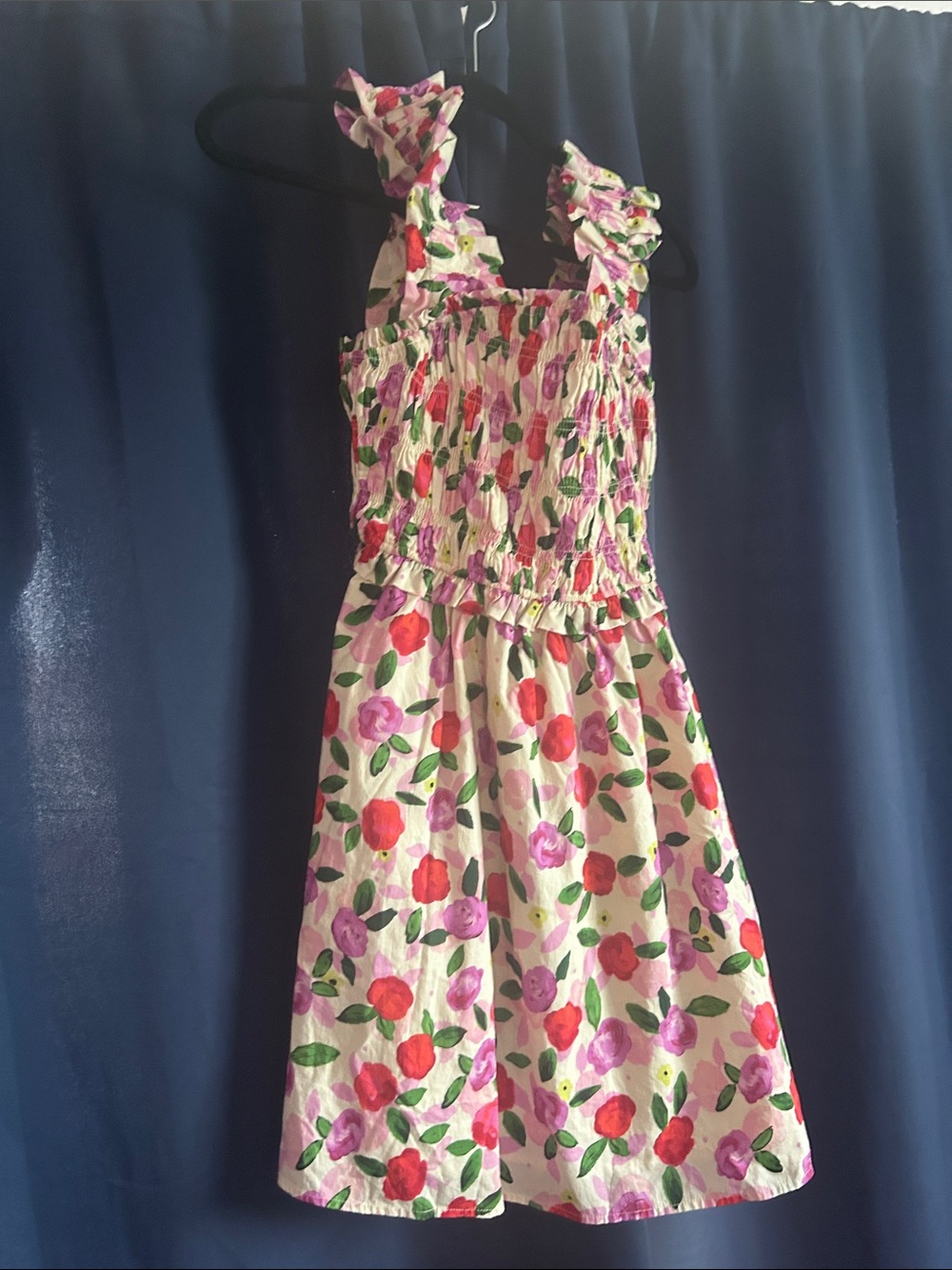 Girls Cream Floral Smocked Sundress with Pink & Red Blooms